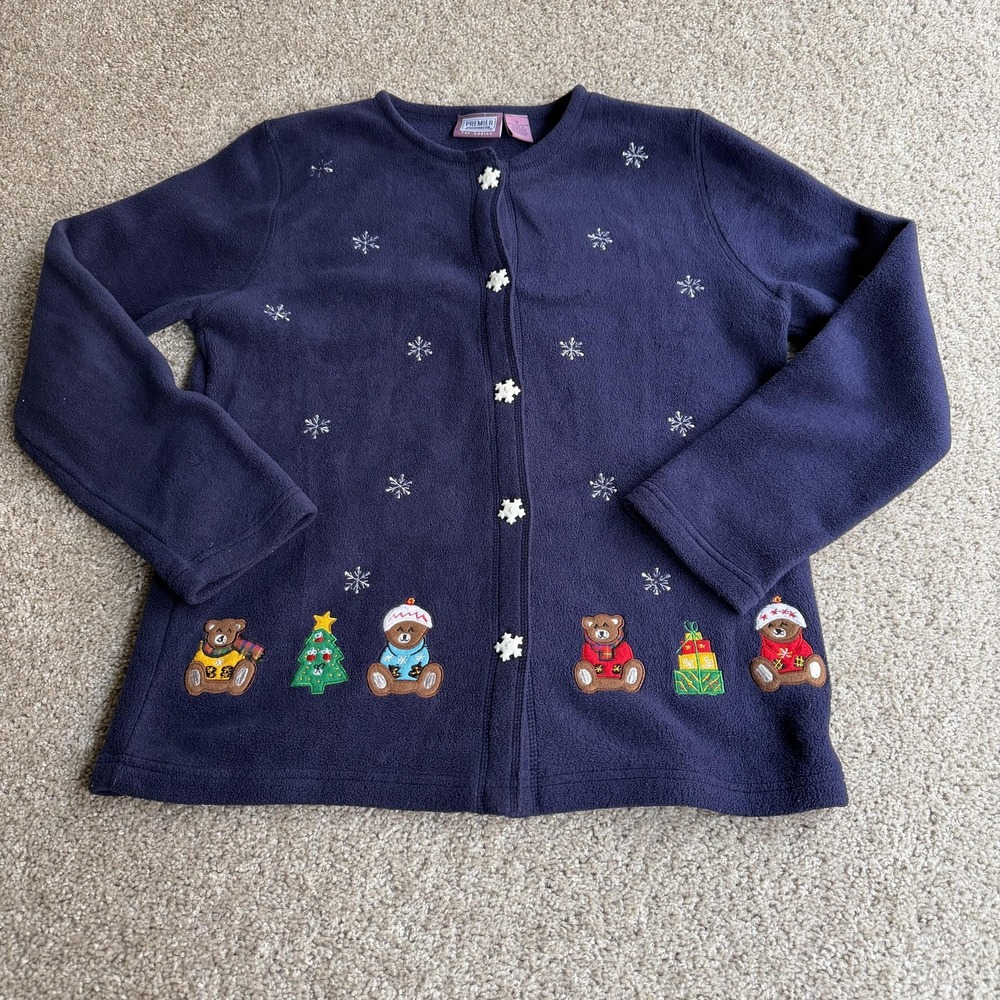 Vintage Teddy Bear Christmas Cardigan Sweater Womens S Blue Fleece